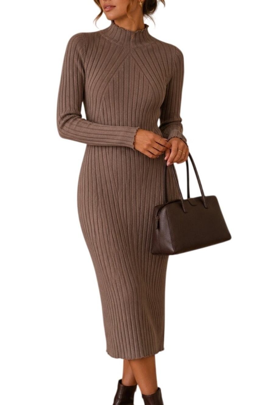 Abercrombie Mock Neck Knit Midi Sweater Dress Small Brown Fall Old Money Minimal